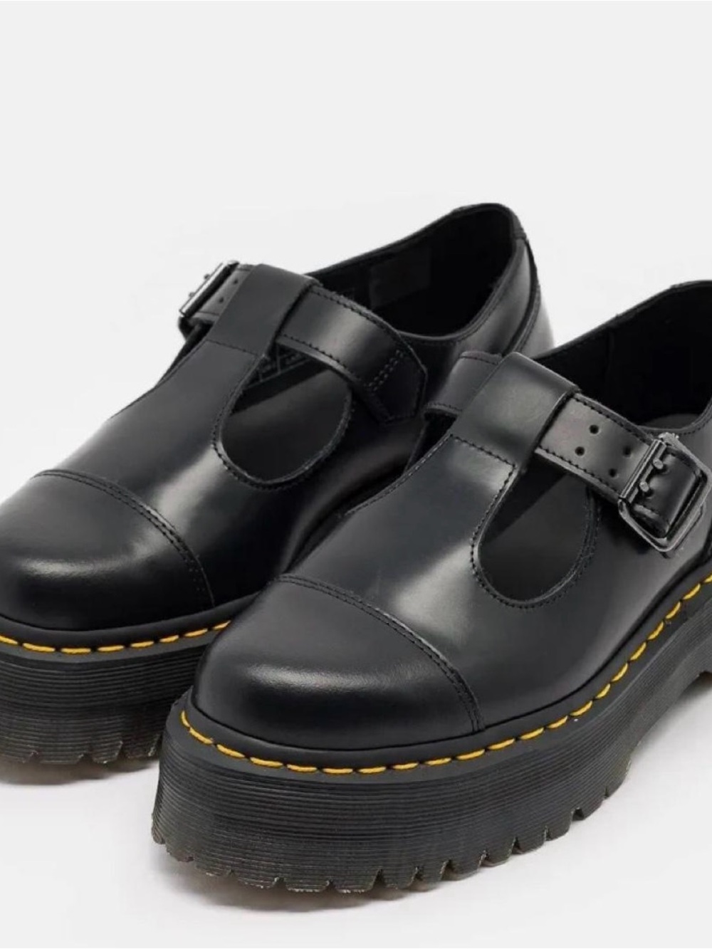 Dr. Martens Black Leather Platform T-Bar Mary Janes with Yellow Stitching - Picture 1 of 1